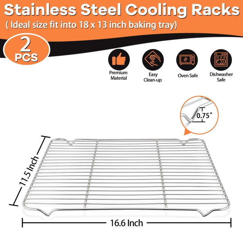 P&P CHEF Cooling Baking Rack Pack of 2, 16.6" x 11.5", Stainless Steel Cooling Racks for Cooking Baking Roasting Grilling Drying, Dense Wires & Smooth Edge, Easy to Clean, Silver - Image 2